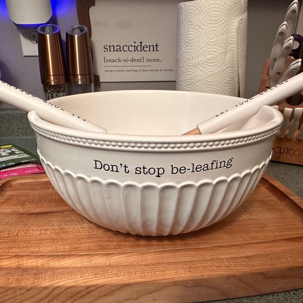 Mud Pie White Ceramic Salad Bowl With Serving Spoons